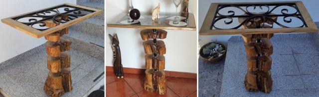 Mesa com tronco de oliveira e grade em ferro.